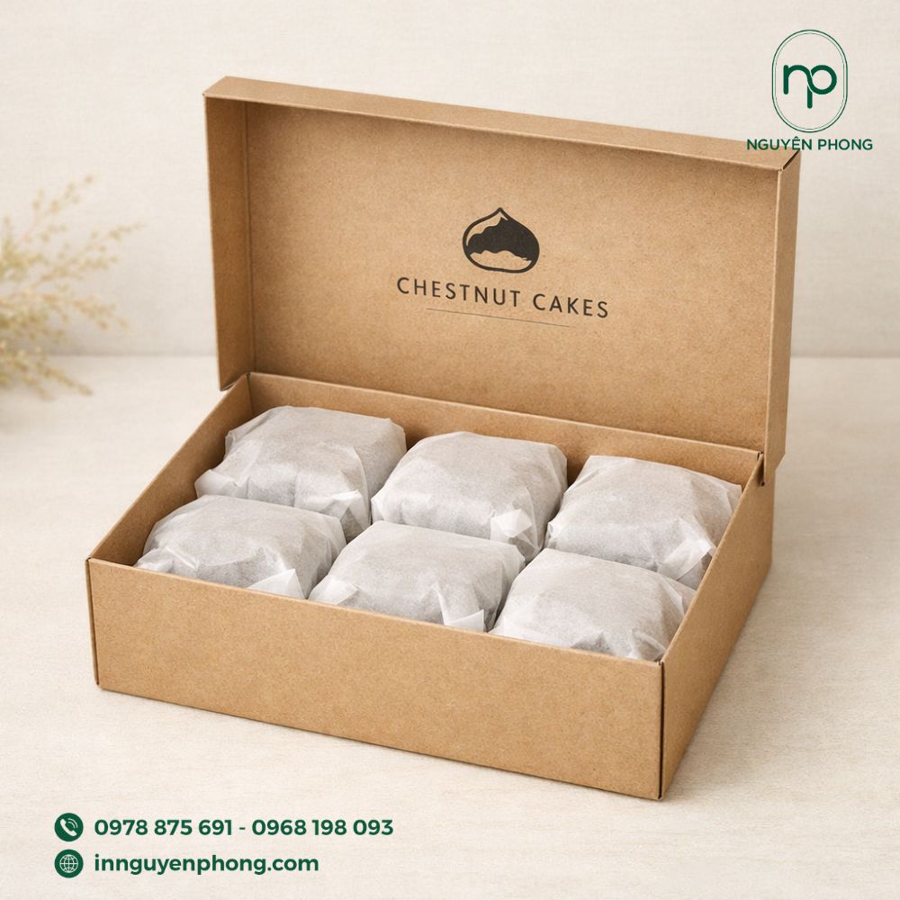 In hộp giấy đựng bánh hạt dẻ chất liệu giấy Kraft

